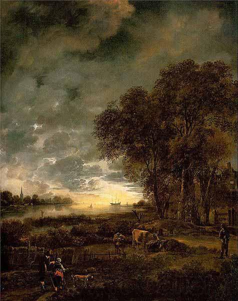 Aert van der Neer A Landscape with a River at Evening